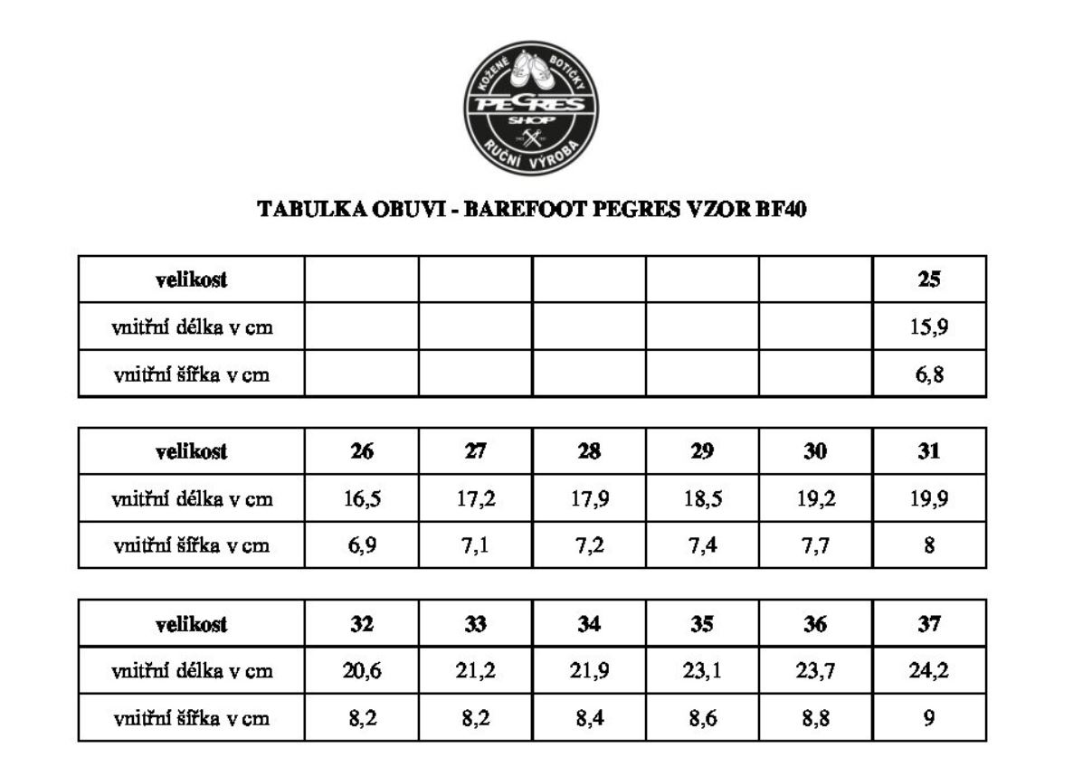 Pegres BF40 velikostní tabulka